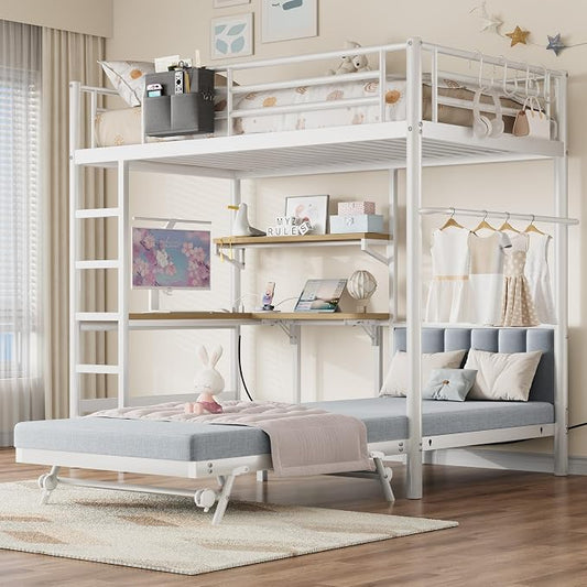 Jocoevol Twin Loft Bed with Mattress, Dual-Access Bed, Pull-Out Folding Bed & L-Shaped Desk, Heavy Duty Metal Bunk Bed Frame with Safety Guardrails, Charging Station & Adjustable Shelves (Pearl White)