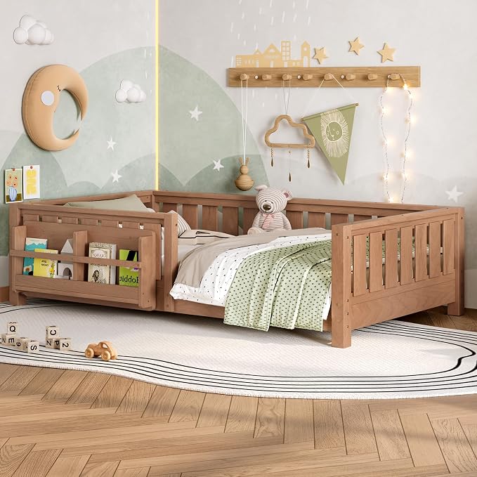 Bellemave Twin Size Montessori Floor Bed with Slats and Fence, Twin Size Montessori Bed with Rails and Bookcase, Easy Assemble Floor Beds Frame, Natural