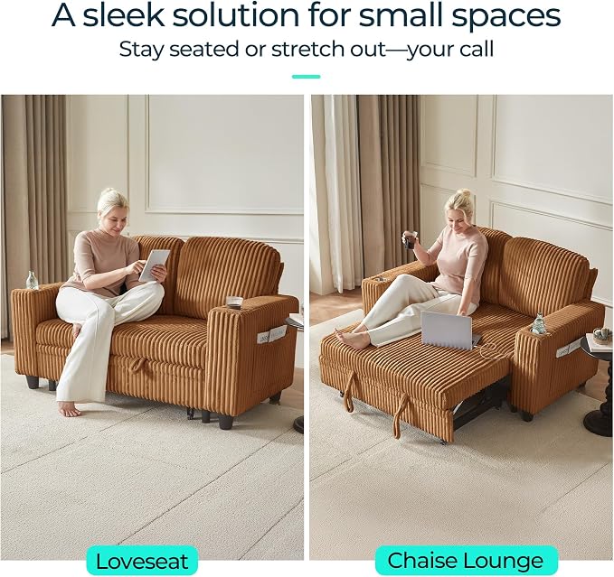 LINSY HOME Sectional Sleeper Sofa Pull Out Couches for Living Room (Brown, Pull Out Couch) | Pull Out Sofa Bed, Storage, USB Charging, Cup Holders, Plush Corduroy