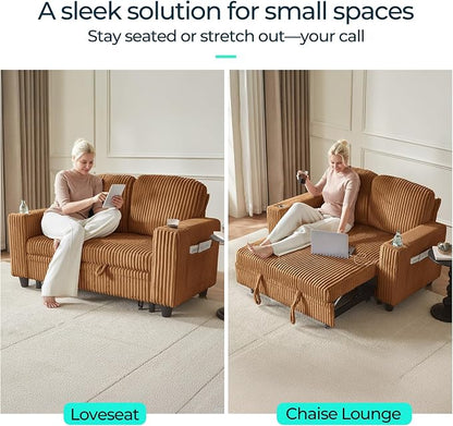 LINSY HOME Sectional Sleeper Sofa Pull Out Couches for Living Room (Brown, Pull Out Couch) | Pull Out Sofa Bed, Storage, USB Charging, Cup Holders, Plush Corduroy