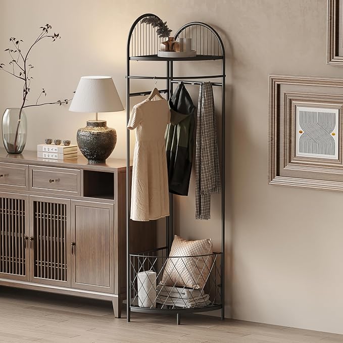 HKaikzo Corner Hall Tree, Coat Rack with 6 Metal Movable Hooks and Storage Basket Coat Rack Design Clothing Rack for Bedroom Entryway Hallway