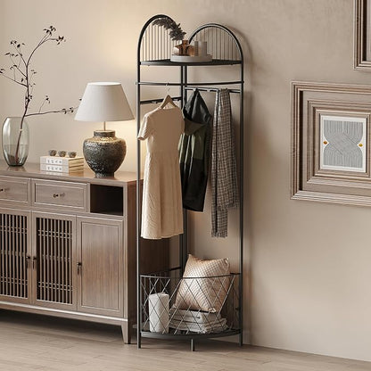 HKaikzo Corner Hall Tree, Coat Rack with 6 Metal Movable Hooks and Storage Basket Coat Rack Design Clothing Rack for Bedroom Entryway Hallway