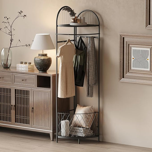 HKaikzo Corner Hall Tree, Coat Rack with 6 Metal Movable Hooks and Storage Basket Coat Rack Design Clothing Rack for Bedroom Entryway Hallway