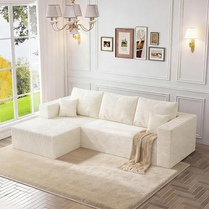108" Cloud Couch Sectional,L-Shaped Boneless Couches for Living Room,Corduroy Modular Sectional Sofa with Deep Seats & Chaise,No-Assembly,Beige(Left Facing Chaise)