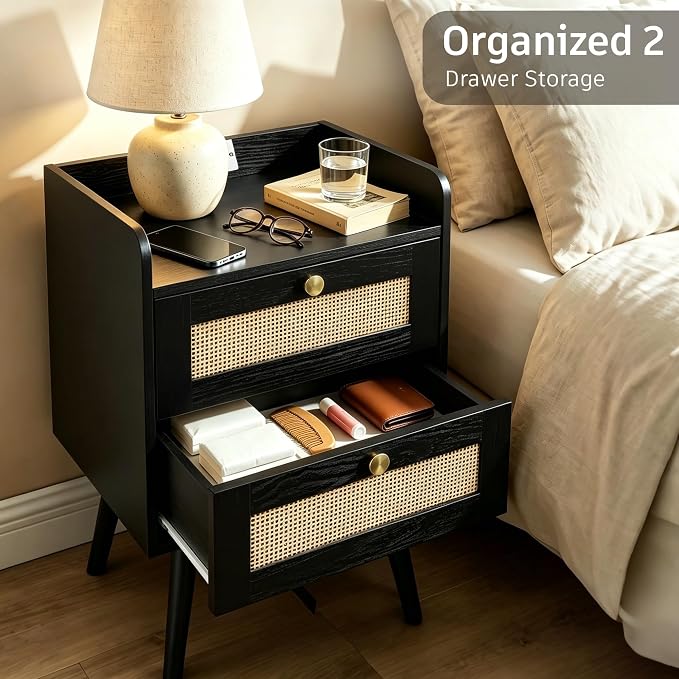 Nightstand with Charging Station, 2 Drawers, Boho Style Rattan Decor Bedside Table, Solid Wood Legs, Open Storage End Table for Bedroom, Small Spaces and Dorm, Black