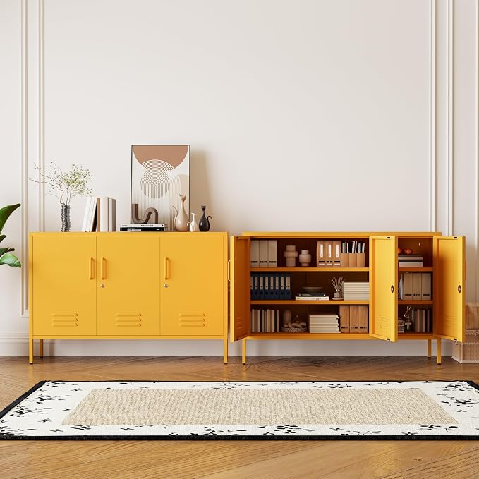 Yellow Metal Storage Cabinet 3 Door Wide Metal Storage Cabinet 2 Layer Adjustable Shelves 32 "H Wide Steel Lockable Storage Cabinet Multipurpose Metal Accent Cabinet for Office/Home/Dining
