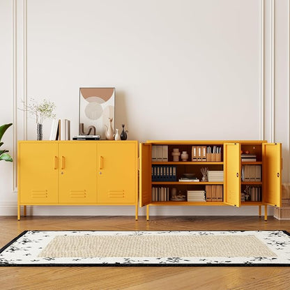 Yellow Metal Storage Cabinet 3 Door Wide Metal Storage Cabinet 2 Layer Adjustable Shelves 32 "H Wide Steel Lockable Storage Cabinet Multipurpose Metal Accent Cabinet for Office/Home/Dining