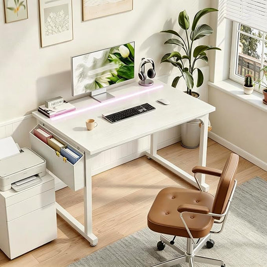 DurayLoly 32" Computer Desk with Waterproof LED Lights,Bedroom Study Desk for Teens, Dorm Room Essentials,Headphone Hook&Storage Bag for Small Spaces,Sturdy Metal Frame,White