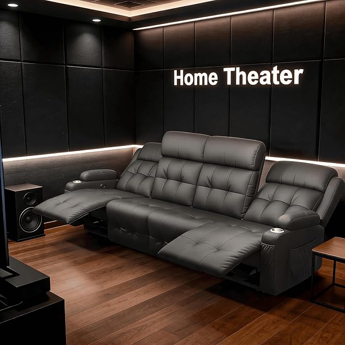 Reclining Couch, 113" PU Leather Sofa Recliner with Massage - 4 Seat Home Theater Seating Comfy Soft, Manual Wall Hugger Reclining with Lumbar Support Sofa Set for Family Living Room, Dark Gray