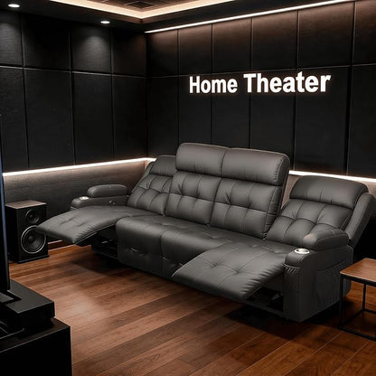 Reclining Couch, 113" PU Leather Sofa Recliner with Massage - 4 Seat Home Theater Seating Comfy Soft, Manual Wall Hugger Reclining with Lumbar Support Sofa Set for Family Living Room, Dark Gray