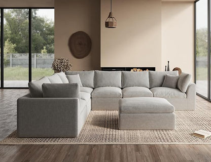 ohllob Oversized Cloud Couches for Living Room, Boneless Sectional Couch with Ottoman, 7 Seater Large Modular Sectional Sofa, Light Grey