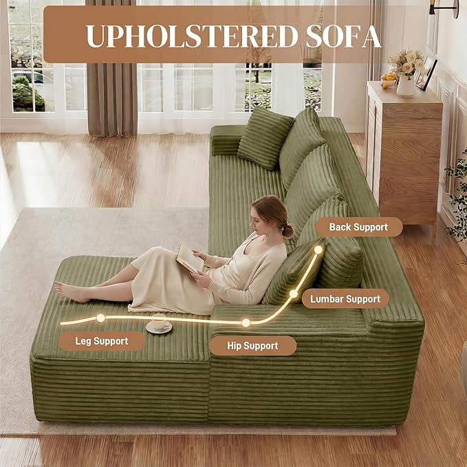 95" L Shaped Cloud Boneless Sectional Couches for Living Room, Modern Comfy Modular Deep Seat Memory Foam Compressed Corduroy Sofa Oversized Right Facing Chaise, No Assembly Required, Green