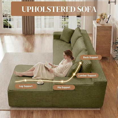 95" L Shaped Cloud Boneless Sectional Couches for Living Room, Modern Comfy Modular Deep Seat Memory Foam Compressed Corduroy Sofa Oversized Right Facing Chaise, No Assembly Required, Green