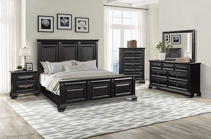 Roundhill Furniture Renova Vintage Black Wood Bedroom Set, King Panel Bed, Dresser, Mirror, Two Nightstands, Chest
