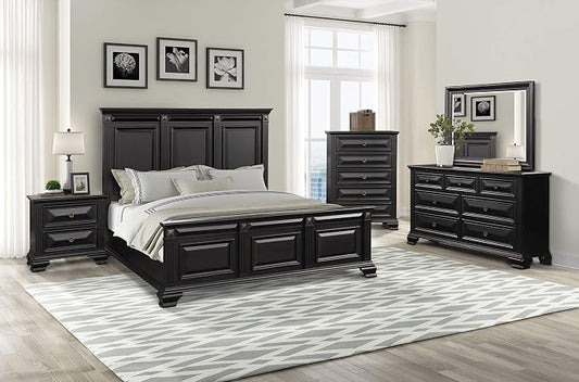 Roundhill Furniture Renova Vintage Black Wood Bedroom Set, King Panel Bed, Dresser, Mirror, Nightstand, Chest