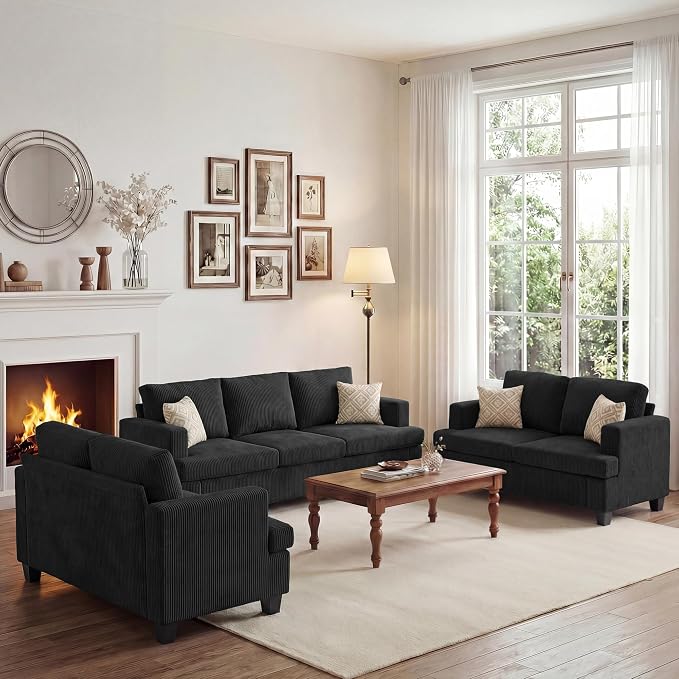 Apicizon Modern Loveseat Set of 2 & 3-Seater Sofa, Corduroy Couch 3 Piece Sofa Set for Living Room, Modern Lounge Sofa Couches for Apartment Lounge, Black