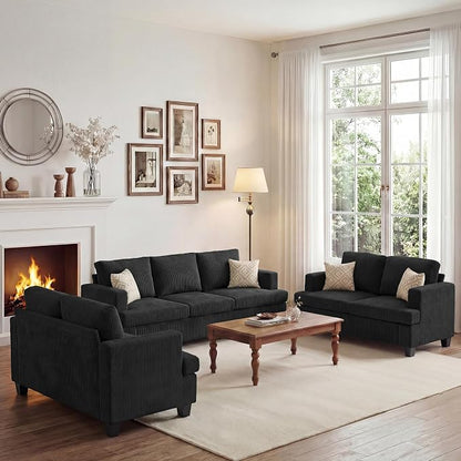 Apicizon Modern Loveseat Set of 2 & 3-Seater Sofa, Corduroy Couch 3 Piece Sofa Set for Living Room, Modern Lounge Sofa Couches for Apartment Lounge, Black