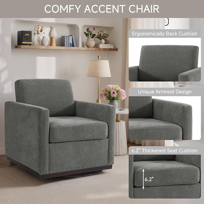 360° Swivel Accent Chairs Set of 2, 31" Wide Upholstered Club Armchairs for Living Room, Comfy Square Swivel Barrel Chair with Metal Base, Chenille Fabric, Dark Gray