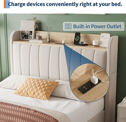 Garvee Upholstered Bed Frame Twin Size with Storage Headboard and Charging Station, Platform Bed Frame with Drawers, Heavy Duty, No Box Spring Needed, Easy Assembly, Beige