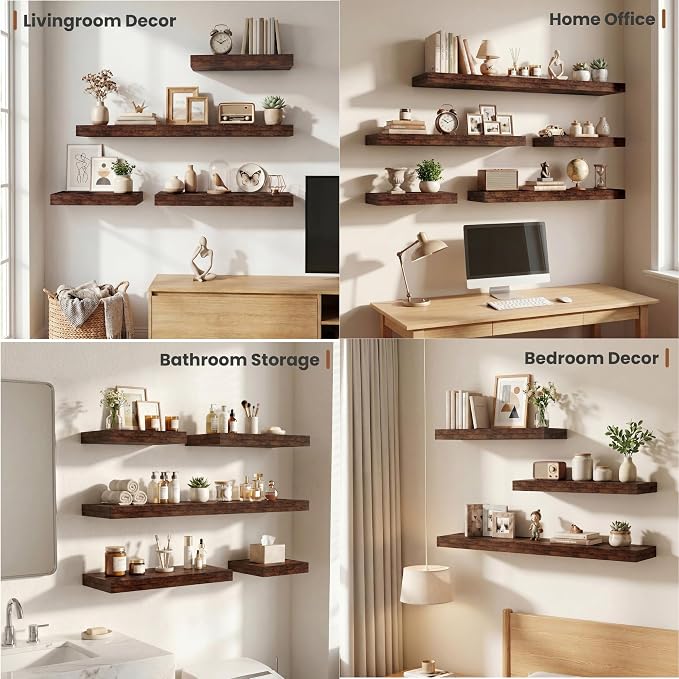 Vivelove 12" Deep Floating Shelves for Wall 12" Long, Wall Shelves for Living Room Bedroom Bathroom Kitchen Laundry Room, Farmhouse Rustic Shelves for Home Decor, 12" X 12" X 2" Set Of 2, Rustic Brown