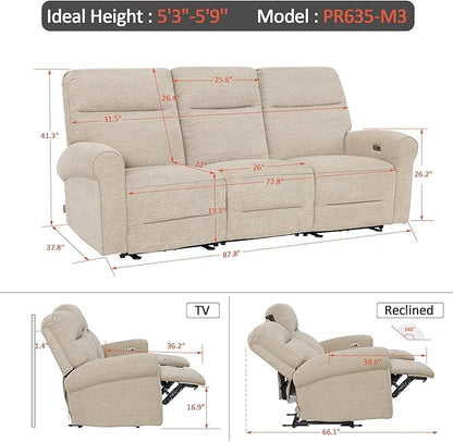 MCombo 87.8" Wall Hugger Power Reclining Sofa with Drop Down Table, 3-Seater Recliner Couch for Small Spaces Living Room RV, USB Ports, Fabric PR635M3 (Beige)