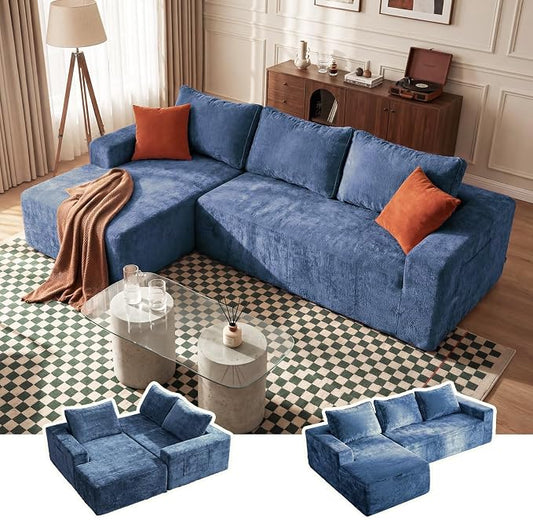 Vesgantti 95" Boneless Couches for Living Room, L-Shape Sectional Couch with Chaise in Chenille | Memory Foam | No Assembly Required, Deep Seat Cloud Modular Sofa for Apartment, Office (Blue)