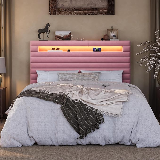 SHA CERLIN Queen Bed Frame with LED Light & 2-Tier Storage Shelf, Velvet Upholstered Adjustable Headboard with Charing Station, Horizontal Channel Tufted, No Box Spring Needed, Easy Assembly, Pink