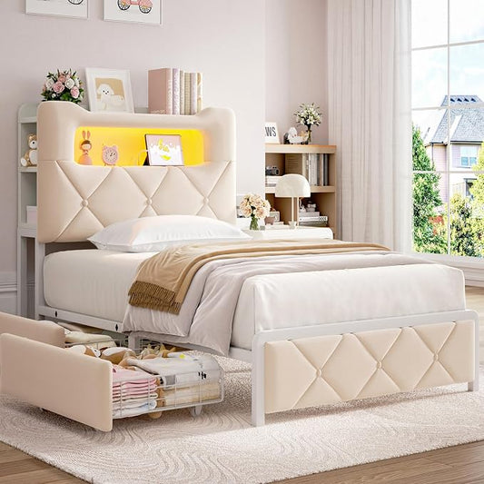 Twin Upholstered LED Bed Frame with 2 Storage Drawers and 2-Tier Storage Bookcase Headboard, Velvet Princess Platform Bed for Kids/Girls/Boys, Corner Bed Frame, Heavy Duty Metal Support, Beige