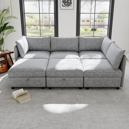129-Inch U-Shaped 6 Seat Modular Sofa Deep Seat Storage Sectional Sofa Couch Free Combination with Movable Ottomans ,6 Seat Chenille Upholstered U-Shaped Convertible Sleeper Couch for Home Apartment | Space Saving