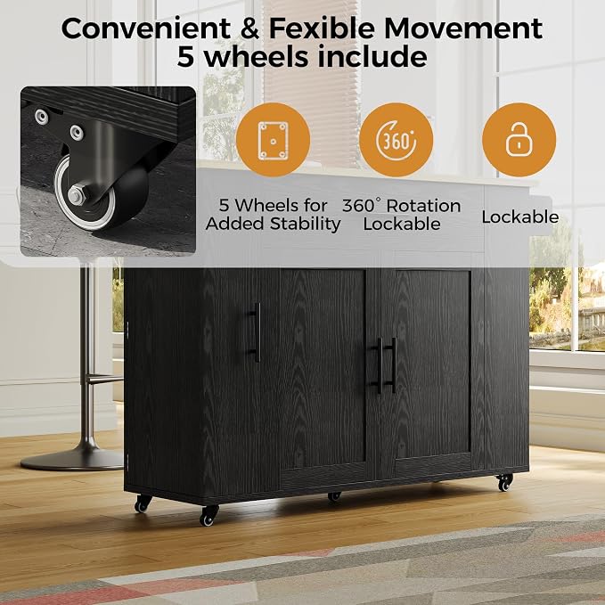 IRONCK Rolling Kitchen Island Table on Wheels with Drop Leaf, Storage Cabinet and Drawer, 52 in Kitchen Cart with Spice and Towel Rack for Kitchen, Black