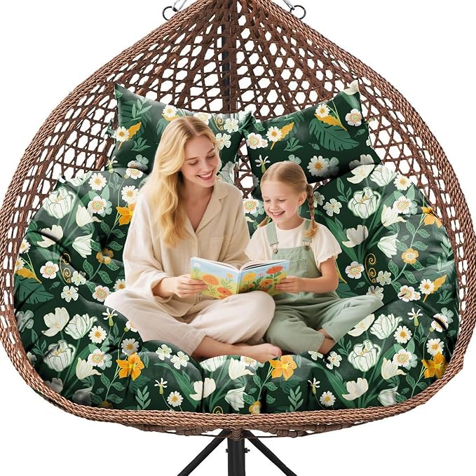 Double Egg Chair Cushion Replacement Waterproof for Outdoor Patio Hanging Basket Egg Chairs, 59x43-Inch Thickened 100% Cotton Large Double Eggs Swing Chair Cushions, Green Peony