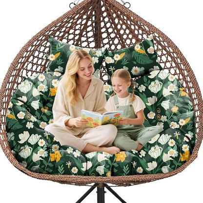 Double Egg Chair Cushion Replacement Waterproof for Outdoor Patio Hanging Basket Egg Chairs, 59x43-Inch Thickened 100% Cotton Large Double Eggs Swing Chair Cushions, Green Peony