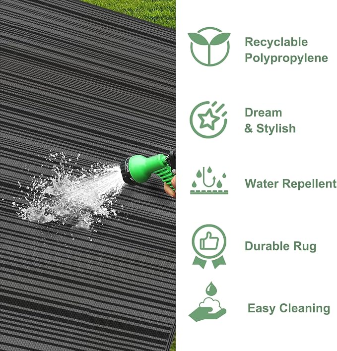 GENIMO Outdoor Rug for Patio Clearance, 6'x9' Reversible Plastic Straw Rugs, Lightweight Waterproof RV Camping Mat for Camper, Balcony, Deck, Backyard, Picnic, BlackGray