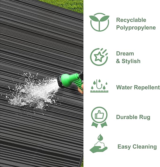 GENIMO Outdoor Rug for Patio Clearance, 5'x8' Reversible Plastic Straw Rugs, Lightweight Waterproof RV Camping Mat for Camper, Balcony, Deck, Backyard, Picnic, BlackGray