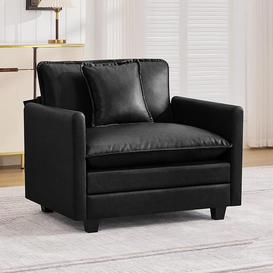 WUTUTUEE 41'' Modern Leather Oversized Chair, Upholstered Accent Living Room Chair with Extra Thicked Deep Seat, Single Lounge Chair for Bedroom, Small Apartment, Leather Black