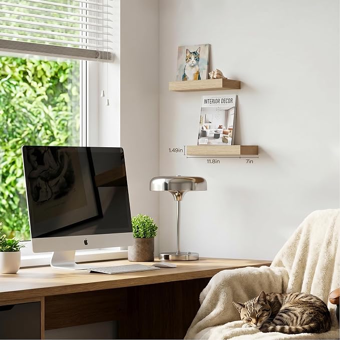 Oak Floating Shelves Set of 2,11.8 Inch Small Shelves for Walls,Wooden Shelf for Bathroom Over Toilet, Kitchen & Bedroom