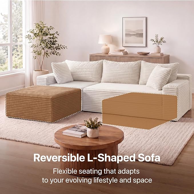 Claiks 94" Boneless Couch, Cloud Couch Sectional, L-Shape Corduroy Modular Sectional Sofa Deep Seat, Upholstered Couches for Living Room, No Assembly Required, Beige