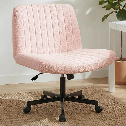 Orange Factory Criss Cross Chair Wheels Vanity Chair Office Desk Comfy Wide Cross Legged Armless Teddy Fabric Adjustable Swivel for Home Computer Task (Pink, Teddy Fleece)