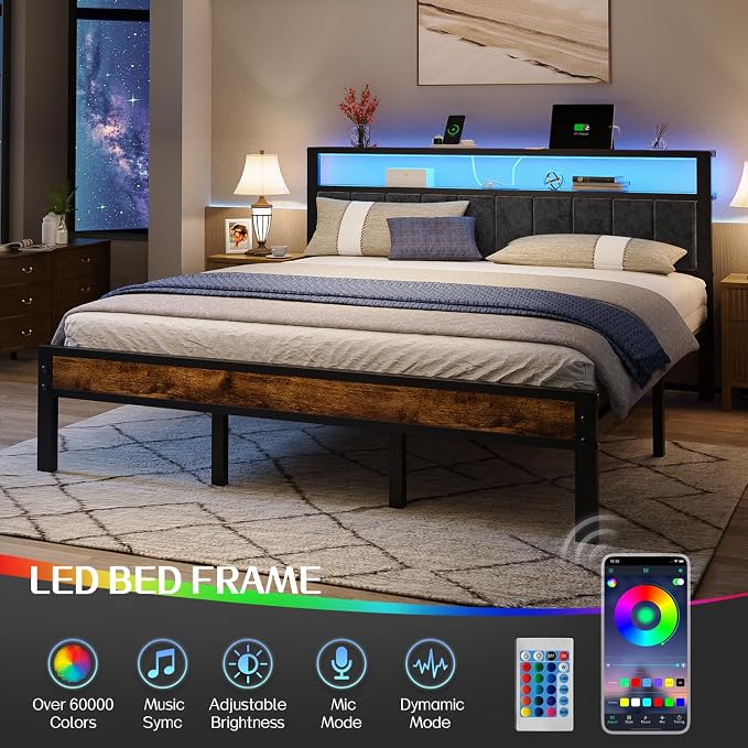 Liians King Size Platform Bed Frame with LED Lights, Grey Upholstered Headboard with 2-Tier Storage Shelves, Charging Station, Noise Free, No Box Spring Needed, Easy Assemably