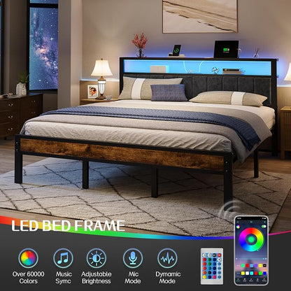 Liians King Size Platform Bed Frame with LED Lights, Grey Upholstered Headboard with 2-Tier Storage Shelves, Charging Station, Noise Free, No Box Spring Needed, Easy Assemably