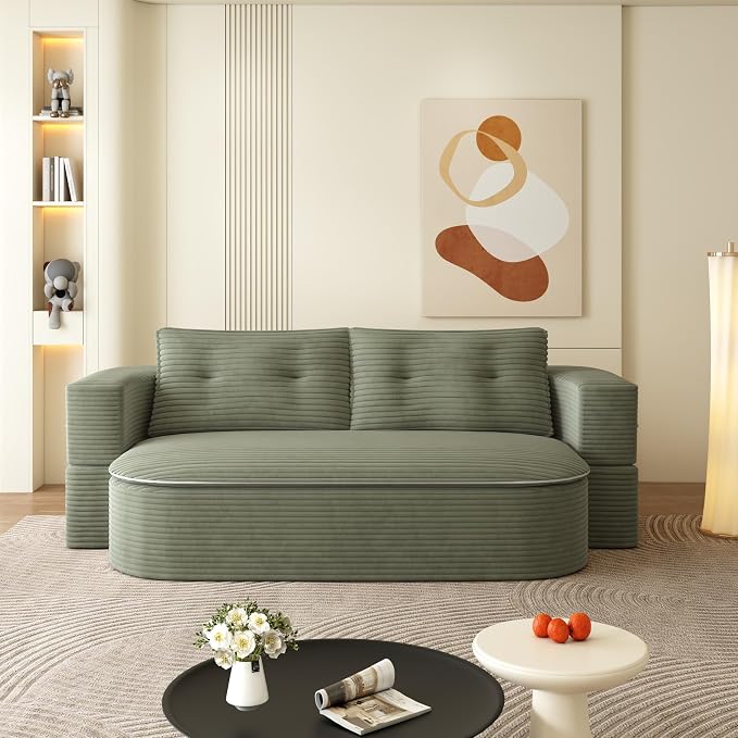 78.7" Futon Sofa Bed, 2-in-1 Foldable Sleeper Sofa, Convertible Floor Couch with Pillows, Corduroy Couch, Multi Functional Blanket, Upholstered Boneless Couches for Living Room, Forest Green