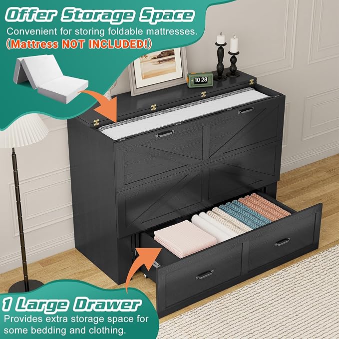 Hlivelood Queen Size Murphy Chest Bed with Drawer and Charging Station, Farmhouse Wood Space-Saving Hidden Folding Bed Chest, Multifunctional Storage Cabinet Beds for Bedroom, Office, Black