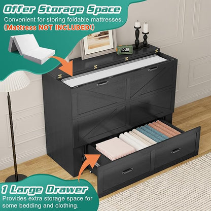 Hlivelood Queen Size Murphy Chest Bed with Drawer and Charging Station, Farmhouse Wood Space-Saving Hidden Folding Bed Chest, Multifunctional Storage Cabinet Beds for Bedroom, Office, Black