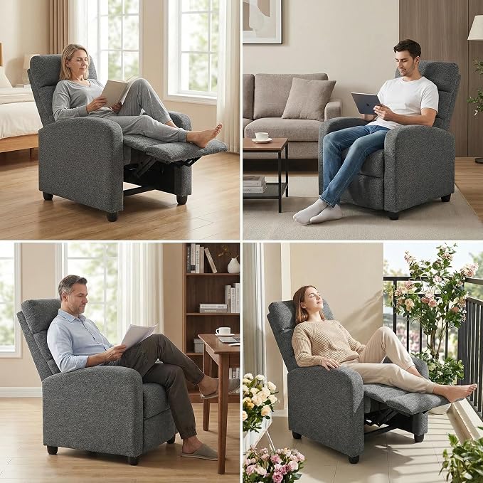 Furnimart 2-Piece Manual Recliner Chair for Small Spaces, Chenille Reclining Chair with Chunky Cushion, Comfortable Single Sofa for Adults, Ideal for Living Room, Bedroom, Home Theater, Gray