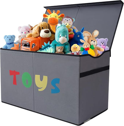 YOLOXO Toy Box Chest, Collapsible Sturdy Storage Bins with Lids, Extra Large Kids Toy Storage Organizer Boxes Bins Baskets for Kids, Boys, Girls, Nursery Room, Playroom, Closet (A-TBX-GRAY-MULTI)