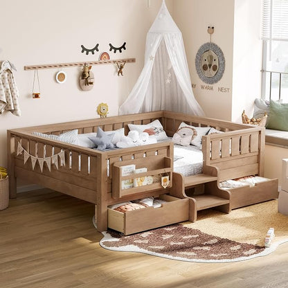 Bellemave Full Size Montessori Bed with Stairs, Safety Guardrails and Slats, Full Size Montessori Bed with Bookshelf and 2 Storage Drawers, Low Profile Beds Frame for Kids, Natural Platform Beds