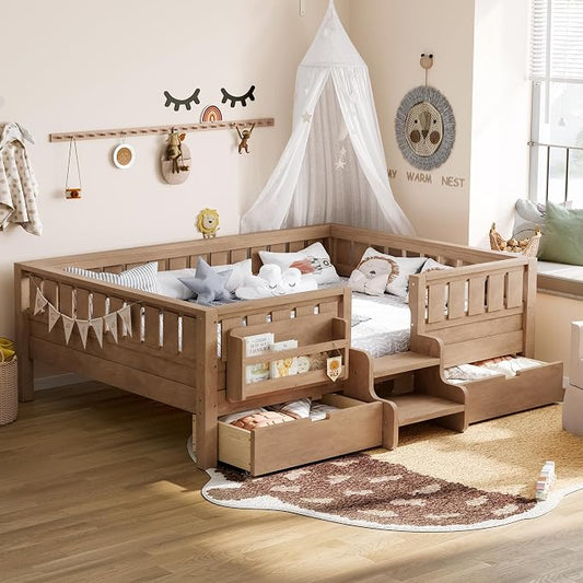 Bellemave Full Size Montessori Bed with Stairs, Safety Guardrails and Slats, Full Size Montessori Bed with Bookshelf and 2 Storage Drawers, Low Profile Beds Frame for Kids, Natural Platform Beds