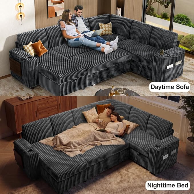 Vipbear 111" Modular Sectional Sleeper Sofa with Pull Out Bed, 7 Seat Plush Corduroy L Shaped Couch with Storage Chaise|USB Ports|Cup Holders|Side Table|Storage Armrests, Tool Free Assembly, Grey