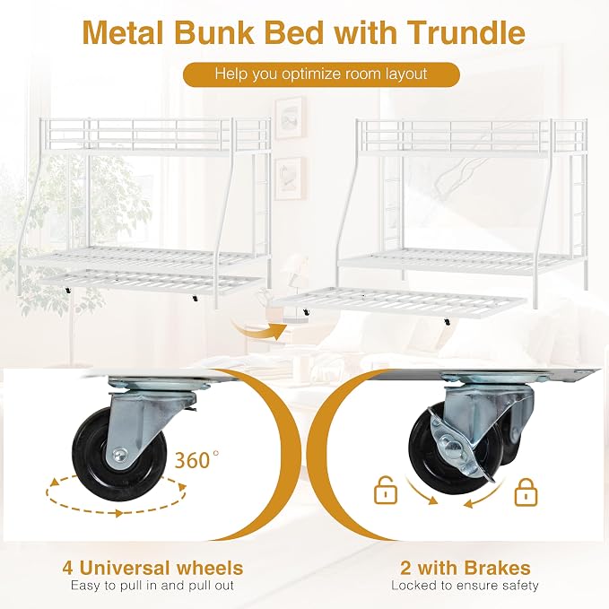Nuturelly Metal Bunk Bed Twin Over Full with Trundle, Heavy Duty Steel Frame Bunk Bed Frame with Safety Guardrails & Ladder, Space Saving 3 Beds for Kids, Teens, Dorm, White