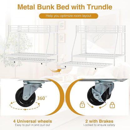Nuturelly Metal Bunk Bed Twin Over Full with Trundle, Heavy Duty Steel Frame Bunk Bed Frame with Safety Guardrails & Ladder, Space Saving 3 Beds for Kids, Teens, Dorm, White